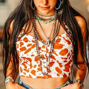 LARGE - Cow Print Cropped Tank Top With Functional Buttons - Ships within 24 Hrs